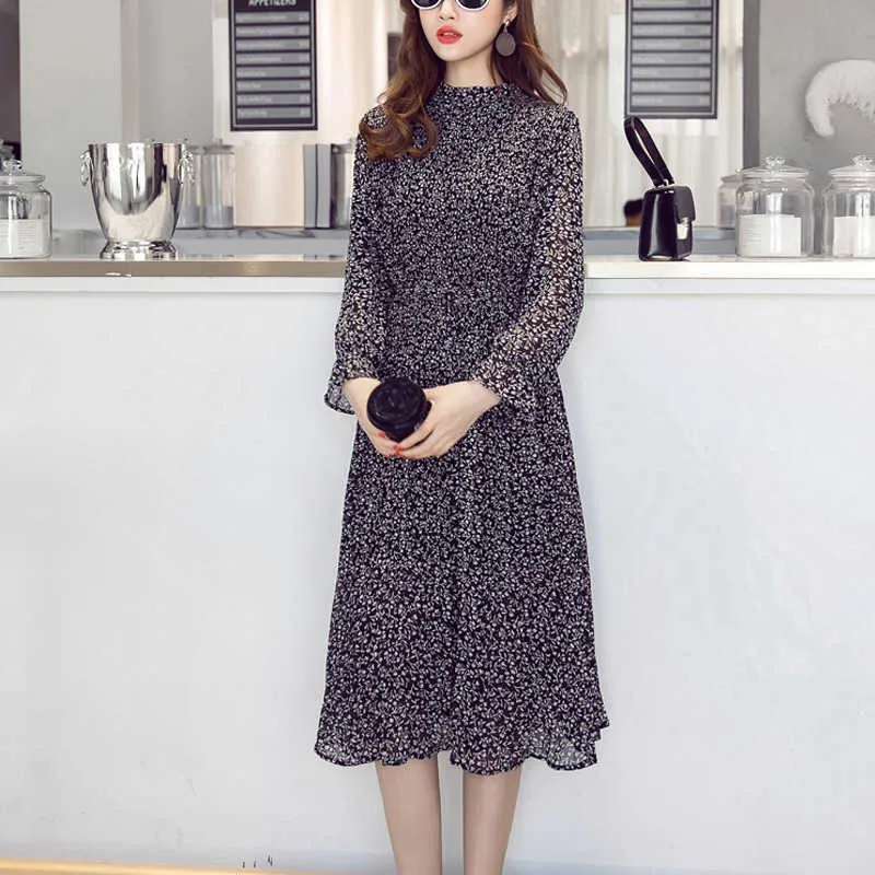 Floral print flared sleeve pleated chiffon dress shop