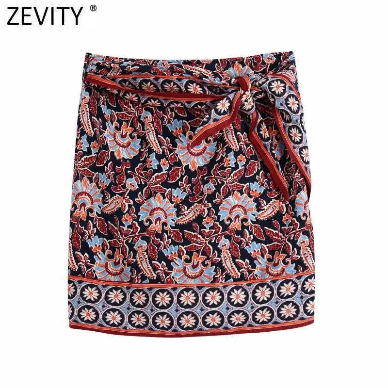 Zevity Women Vintage Position Totem Flower Print Sarong Skirt Faldas Mujer Female Side Bow Tied Wrap Slim Mini Skirt QUN799 210603