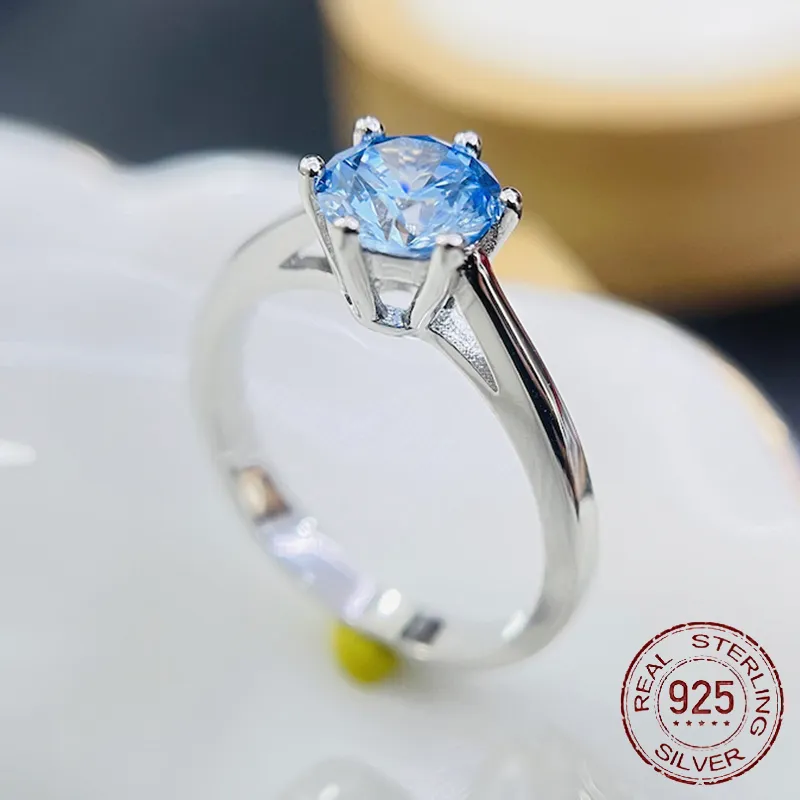 女性のための1 CT 6.5mmの海の青い石の婚約指輪925スターリングシルバーリング結婚式ジュエリーJ-362