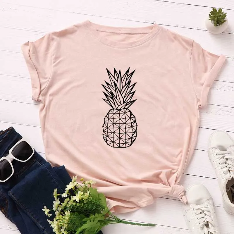 T-shirt 100% cotone per donna T-shirt donna manica corta T-shirt grafica T-shirt estiva femminile T-shirt girocollo stampa ananas frutta Plus Y0629