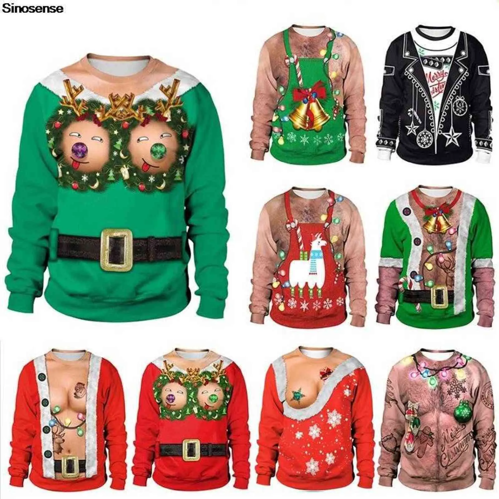 Unisex 3D Engraçado Engraçado Feio Natal Camisola Casal de Manga Longa Festa de Festa de Camisola Homens Mulheres Rena Xmas Jumpers Tops Y1118