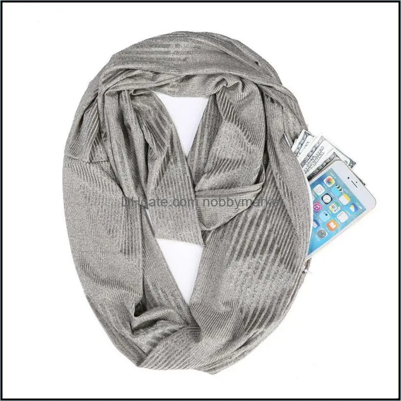 Unisex Winter Warm Solid Color Infinity Scarf Zipper Pocket Stripes Loop Shawl 201026