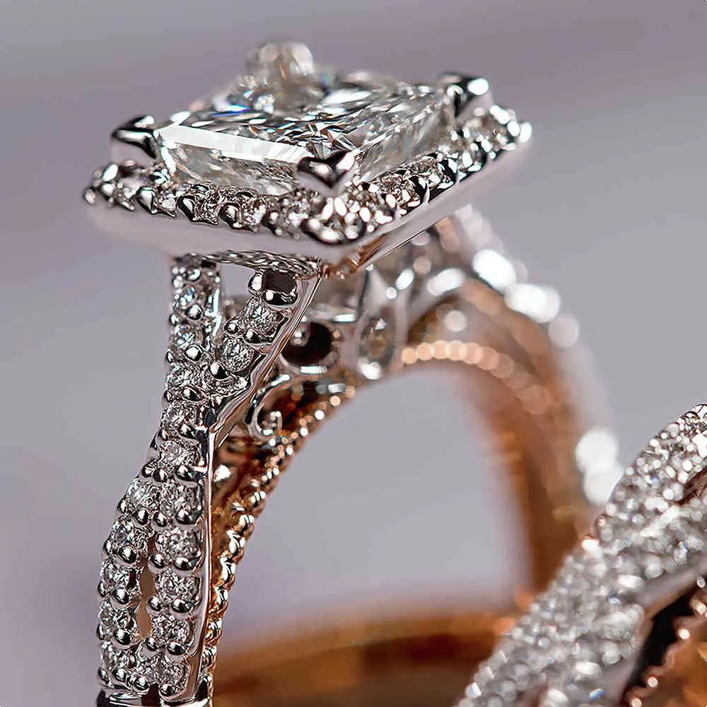 Lindo conjunto de 3 peças de anéis de casamento femininos mosaico CZ dois tons romântico anel de noivado feminino joias da moda228E