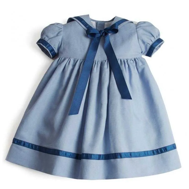 Baby Boutique Kläder Spansk Flicka Sommar Navy Bomull Frocks Spädbarn 1st Födelsedag Tunika Toddler Vintage Set 210615