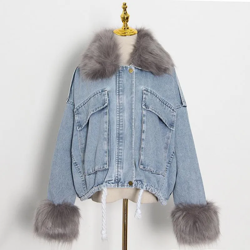 Women's Jackets Selling 2021 Fashion Lapels Detachable Warm Plush Stitching Denim Jacket Women