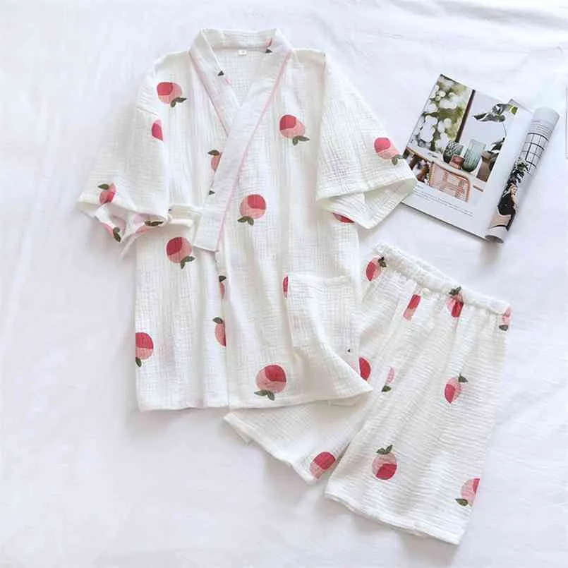 Quimono japonês estilo de verão senhoras shorts de mangas curtas pijamas pijamas de dois peach algodão crepé serviço de pijama conjunto 210809
