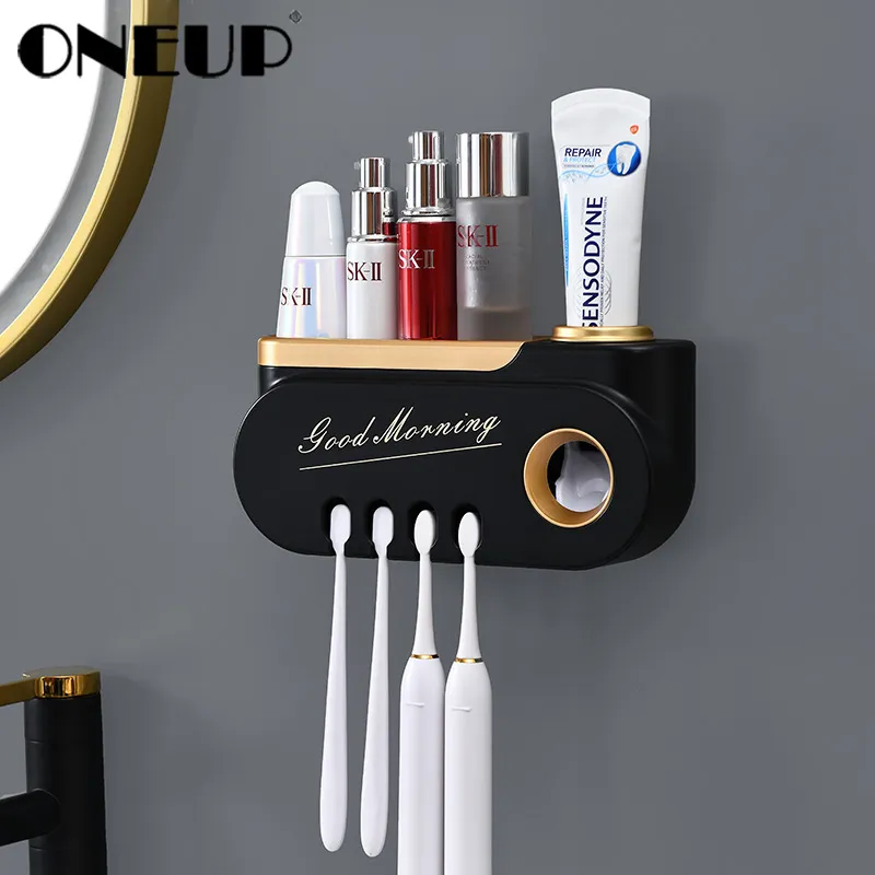 Porte-brosse à dents multi-suspendu Onep Distributeur de presse-dentifrice automatique Support de rangement de maquillage pour accessoires de salle de bain Set 210322