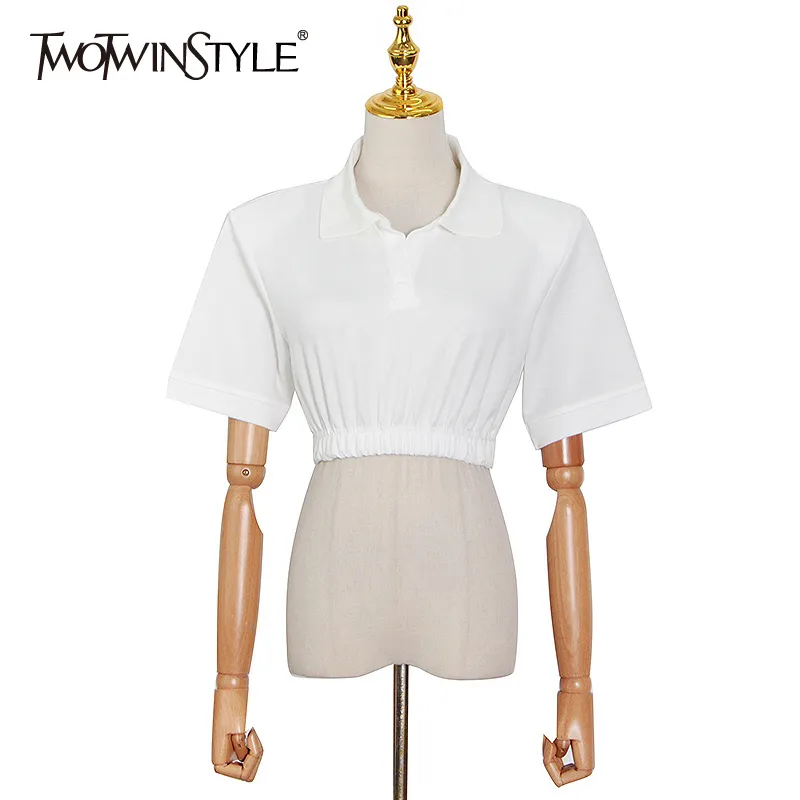 Twowinsyle Beyaz Rahat Gömlek Kadınlar için Yaka Kısa Kollu Minimalist Gömlek Kadın Yaz Moda Giyim 210524