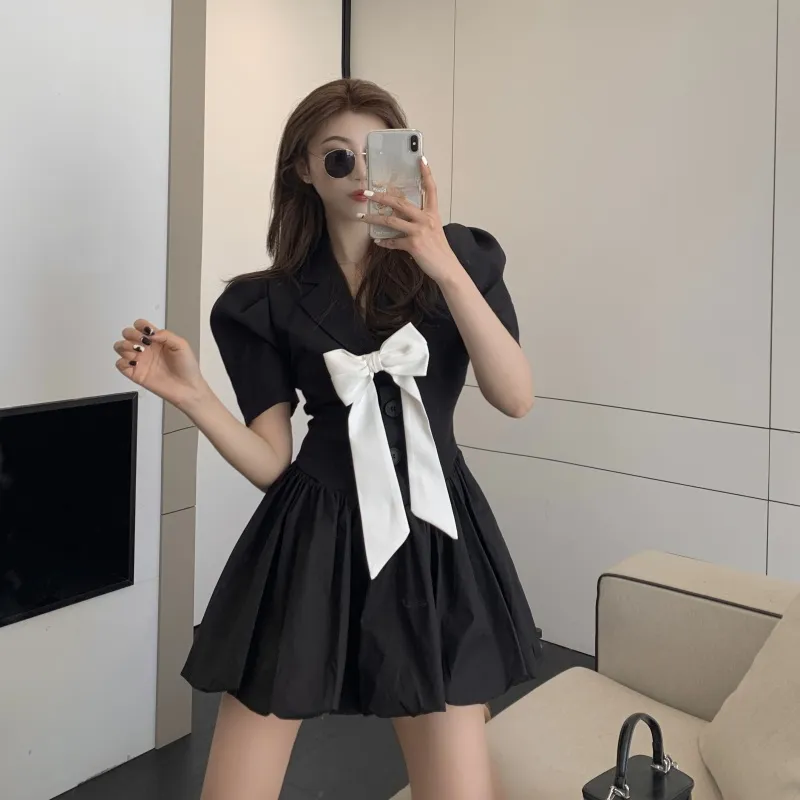 Vintage Puff Mini Bow Dress With Ribbon Bow And High Waist