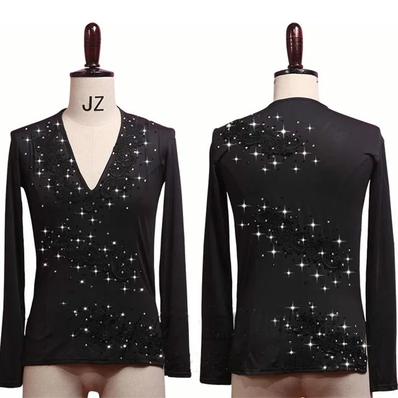 Latin Dance Camisas Homens Manga Longa V Pescoço Tops Bordado Brilhante Strass Dancing Masculino Competição Show Wear DN3532 Stage