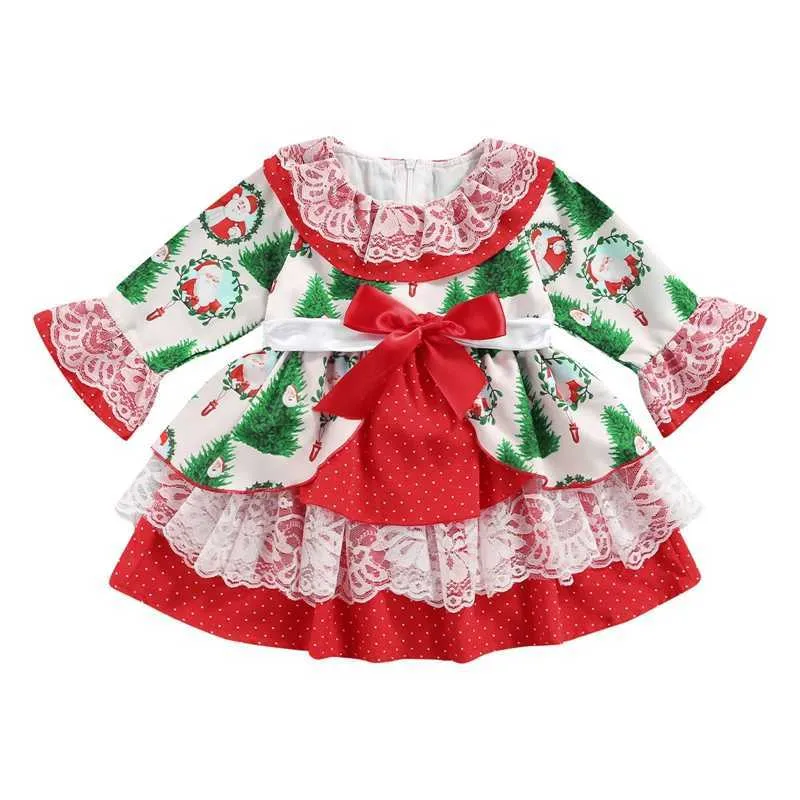 1-6Y Princess Kids Girls Christmas Layered Dress Santa Tryckad Lång Lång Flare Ärm Bowknot Knee Längd Klänning För Barn G1026