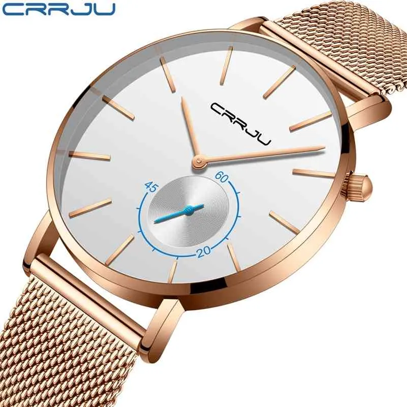 Kijk voor Mannen CrRju Topmerk Luxe Casual Rose Gold Quartz Herenhorloge Roestvrijstalen Gezicht Ultra Dunne Klok Mannelijke Relogio 210517