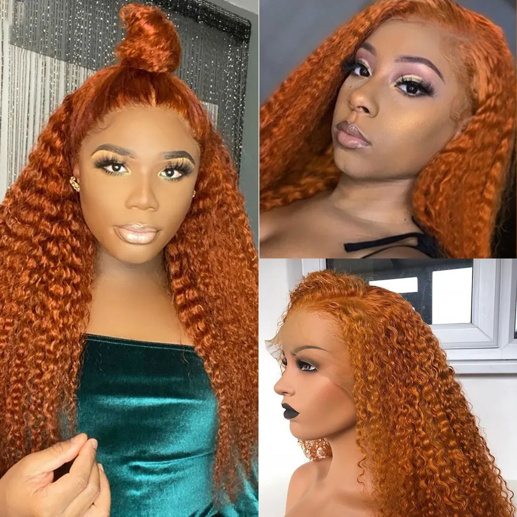 Ginger Orange Color Long Deep Wave Transparent Lace Front Wigs Synthetic For Women With Babyhair Daily Curly Natural Fluffy Soft