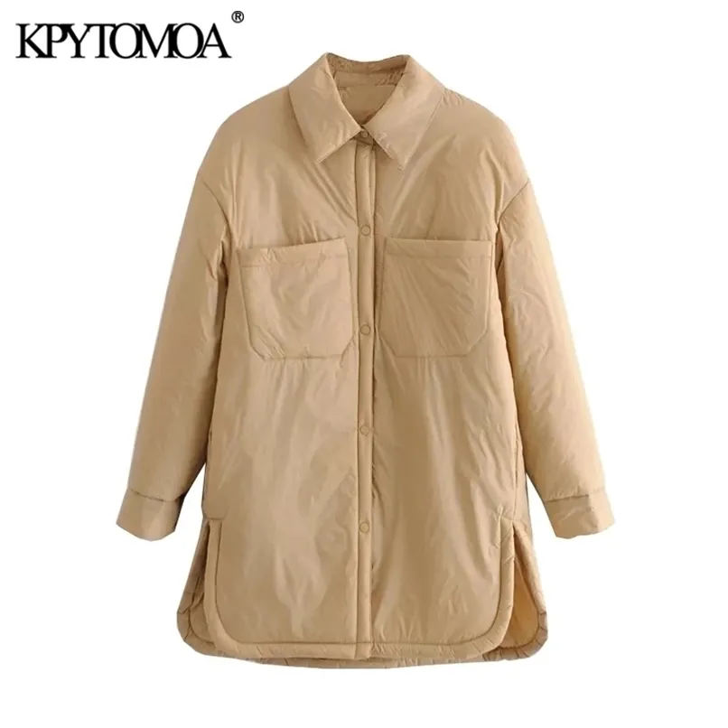 KPYTOMOA Kvinnor Mode med fickor Padded Tunn Jacket Coat Vintage Långärmad Side Vents Kvinnor OuterWear Chic Overhirt 211007