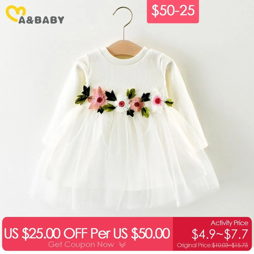 $ 50-25 Księżniczka Born Niemowlę Dziewczynek Sukienka Koronki Kwiat Tutu Tulle Party Dresses Długi Rękaw Wiosenny Odzież 210515