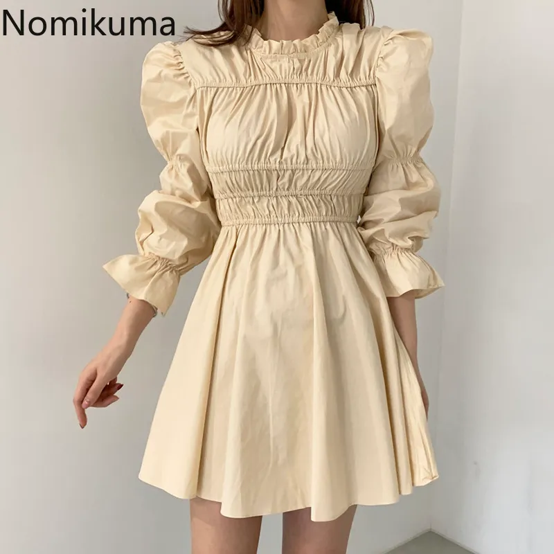 Nomikuma女性のドレス夏の新しいフリルOネックフレアスリーブvestidos femmeプリーツスリムハイウエストAラインドレス6G407 210427