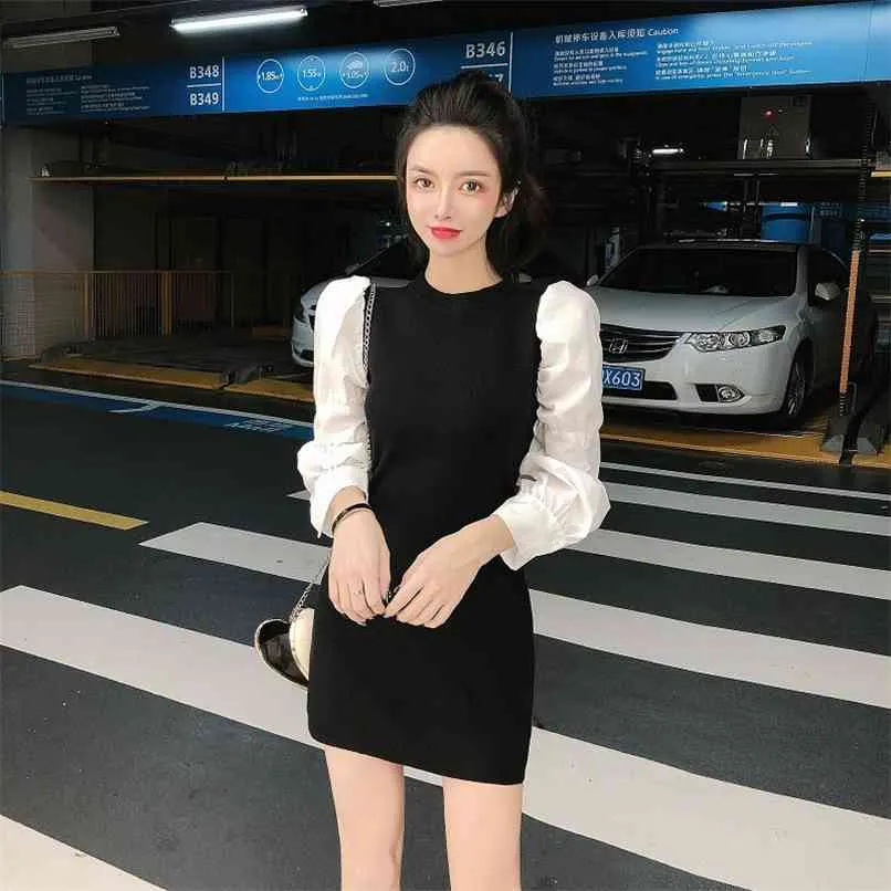 Korean Chic Dress Women Fake Two Piece Slim Midi Knitted Dresses Ladies Vintage Elegant Long Puff Sleeve Party Vestidos Sexy dre 210520