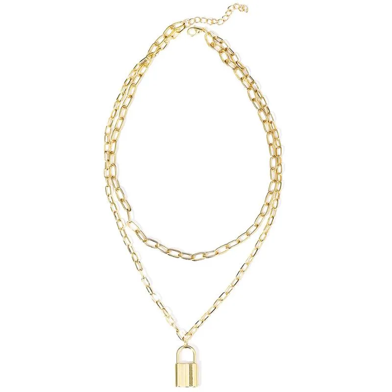 Mode guld färg zink legering halsband för kvinnor lås form dubbel lager hängande smycken flicka födelsedagspresent halsband