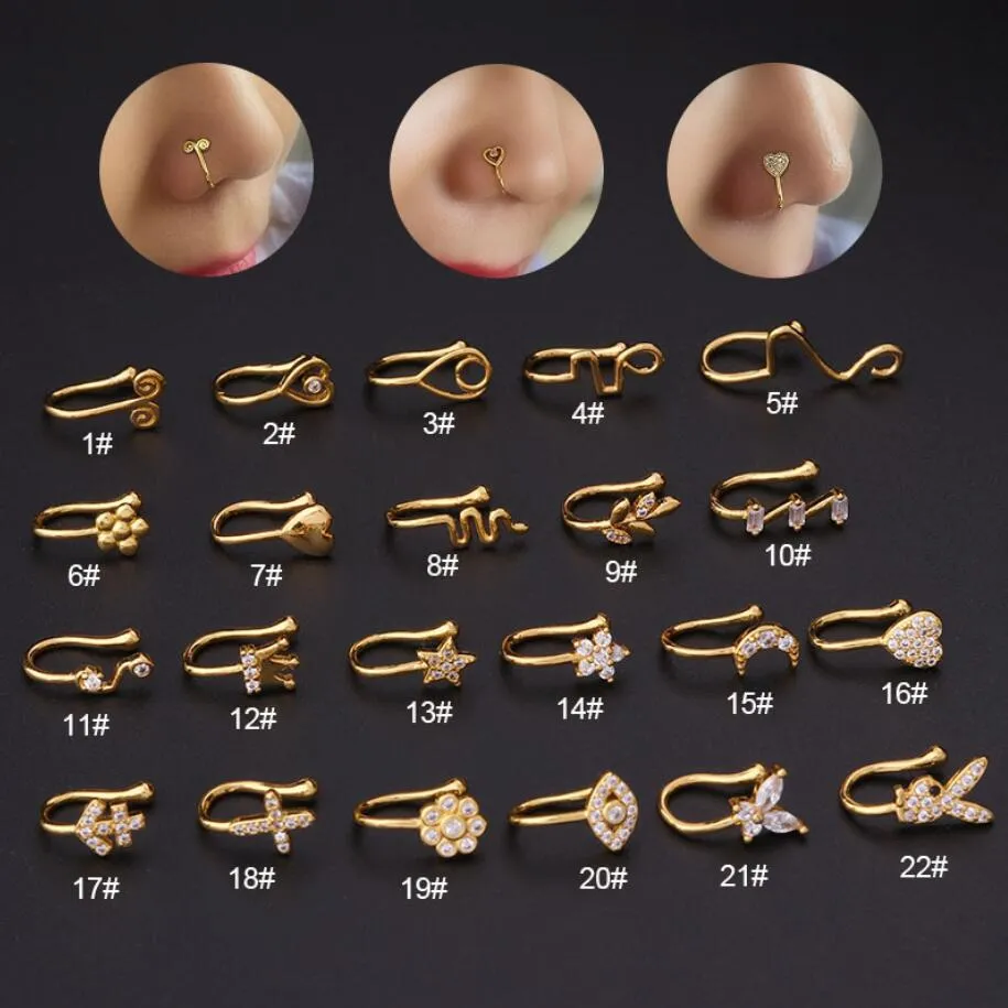 Oro falso piercing clip anello al naso polsino gioielli per il corpo per le donne nuova tendenza polsini per le orecchie cuore croce fiori clip anelli al naso 22 stili