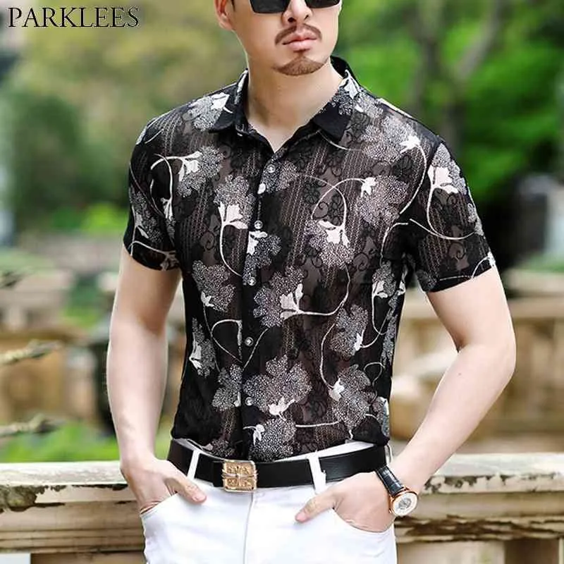 Leaves Embroidery Lace Shirt Men Sexy Slim Fit Mens Dress Shirts See-through Club Party Prom Social Shirt Chemise 3XL 210522