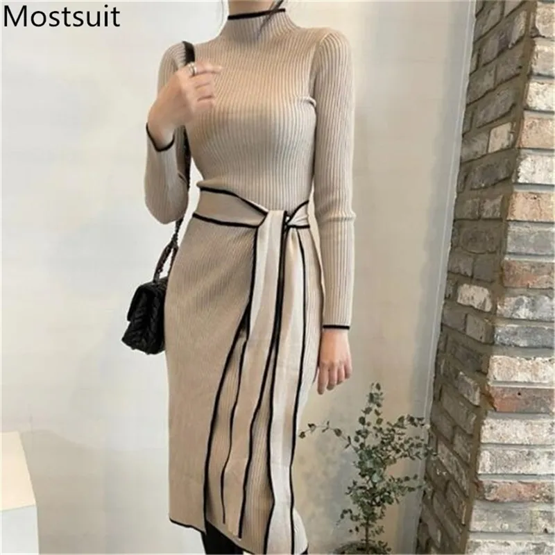 Farbblockierte gestrickte Frauen langes Kleid mit Gürtel Frühling volle Hülse Stehkragen koreanische elegante Mode Damen Vestidos 210513