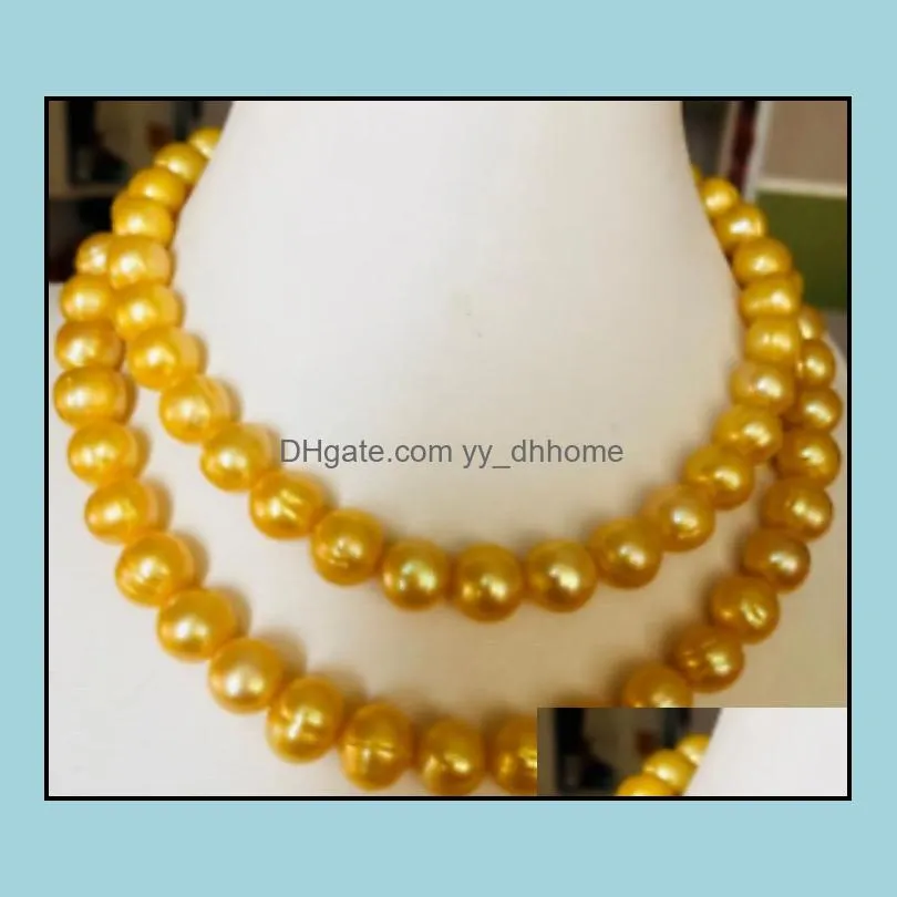 11-12mm Golden Natural Pearl Beaded Necklace 38inch 14k Gold Clasp Women`s Gift Jewelry