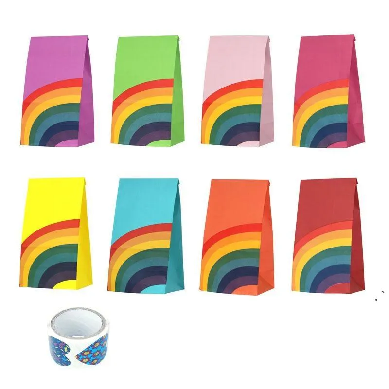 40pcs/lot Disposable Packaging Paper Bag Rainbow Pattern Square Bottom Greaseproof Catering Pastry Bag