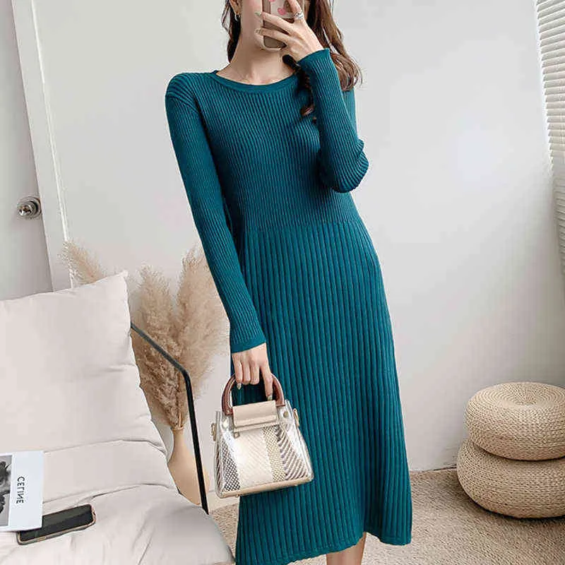 winter clothing women 2021 new with coat midi long solid color sweater dress bottoming inner knitted dress elegant Autumn female Y1204