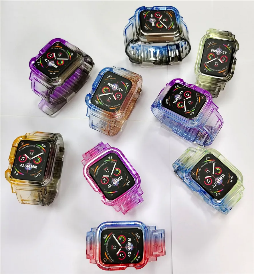 Transparent Straps Gradient Colour Integrated Watchcase Against Falling TPU Protective Replacement Bracelet Bands for Apple Watch iWatch 7 6