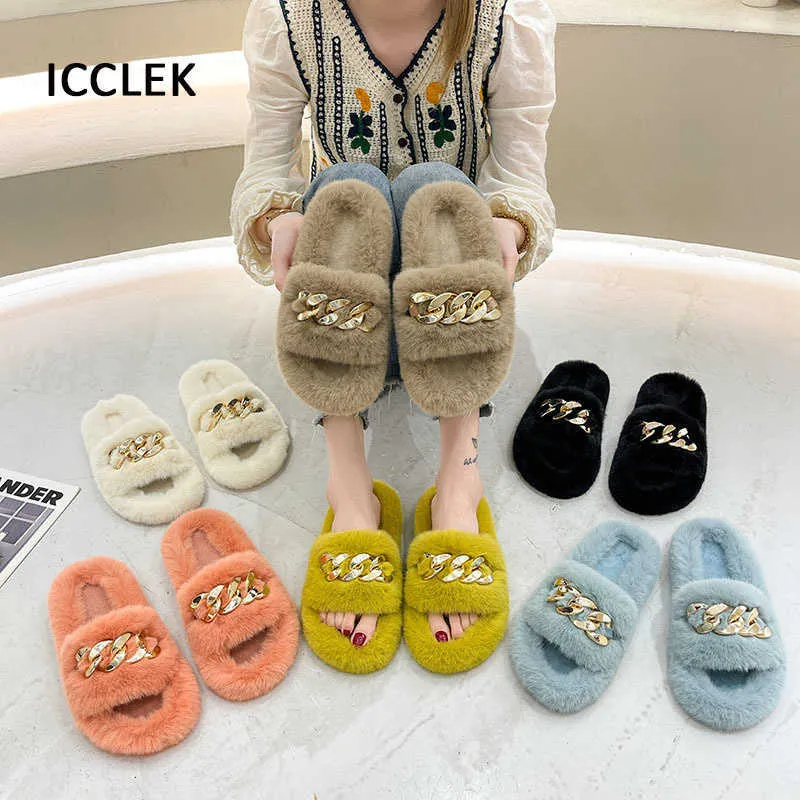 Women House Slippers Winter Faux Fur Slides Indoor Home Slippers Shoes Woman Slip on Furry Slippers Plush Warm Ladies Shoes Y0902