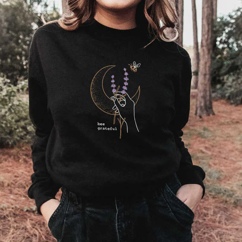 Colored Bee Grateful Felpa Vintage Women Thanksgiving Pullover Estetica Celestial Moon Boho Felpe Abiti X0721