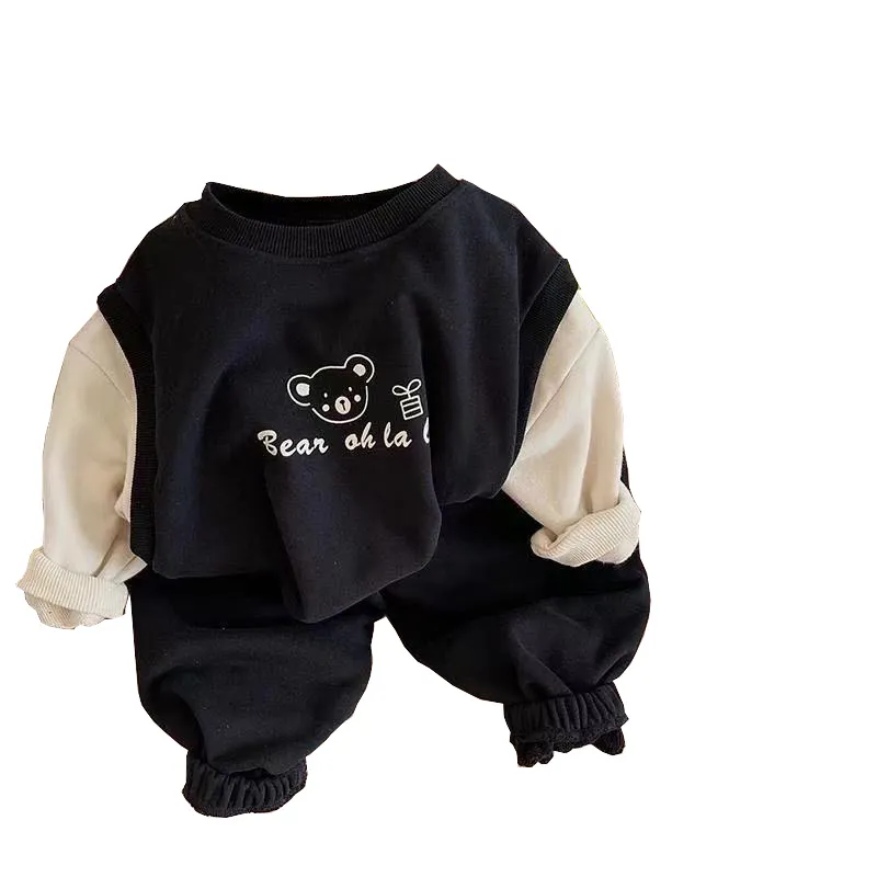 Autumn And Winter Sets Tide Fan Neutral Black Ray Cotton Sweater Children`s Clothes Two Piece Suit