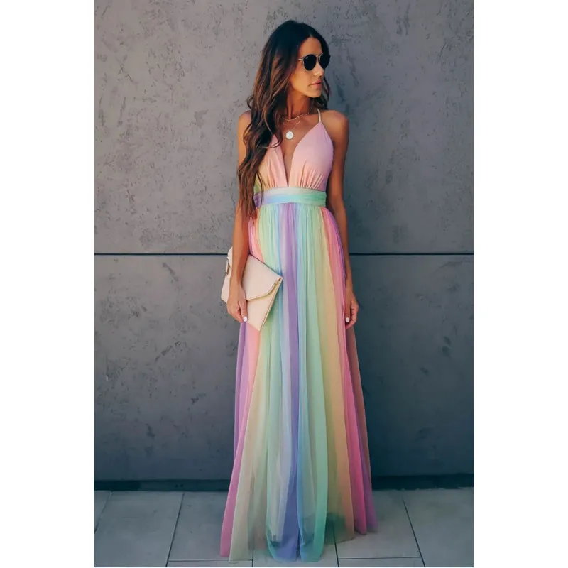Rainbow Beach Slip summer maxi dress for Women - summer Fashion Sling Vestidos with Deep V Mesh Suspender maxi Party summer maxi dress (210422)