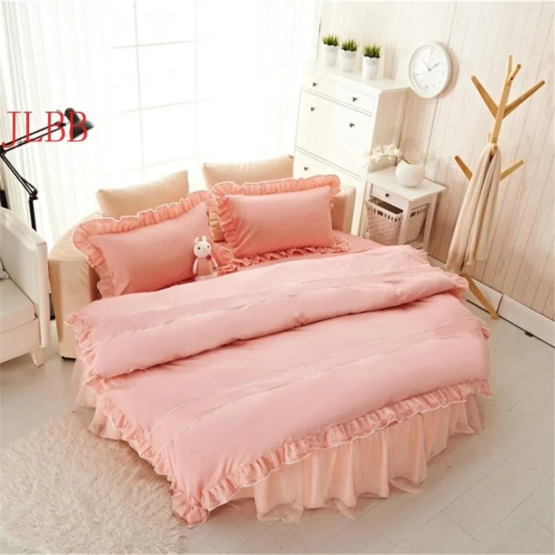 Pościel Zestawy Strona główna Okrągły Bedskirt + Duvet Cover Poszewka 100% Bawełniane łóżko Zestaw Z Ruffles 4 sztuk / Ustaw Princess Bedclothes 220 * 220 cm