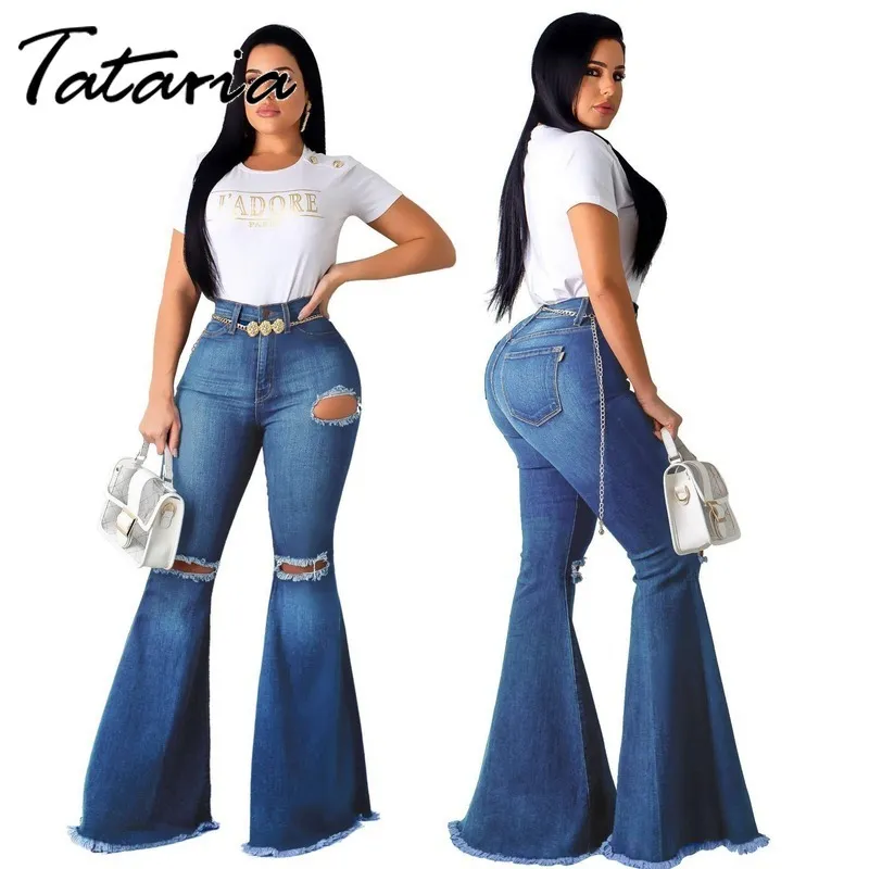 Flare Jeans voor Dames Blauw Casual Dames Ripped Denim Broek Plus Size High Taille Flared Broek Spring Sexy Vrouw 210514