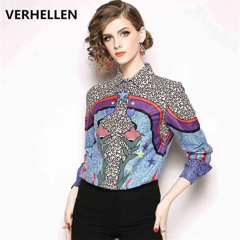 Verhellen Herfst Fashion Runway Dames 'Lange Mouw Leandard Retro Print Chiffon Blouse Tops Elegant OL Casual Office Shirts 210719