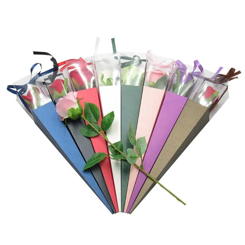 Gift Wrap Single Flower Rose Box PVC Triangular Bouquet Wrapping Paper Plastic Bags Boxes Cases For Flowers Gifts Packaging