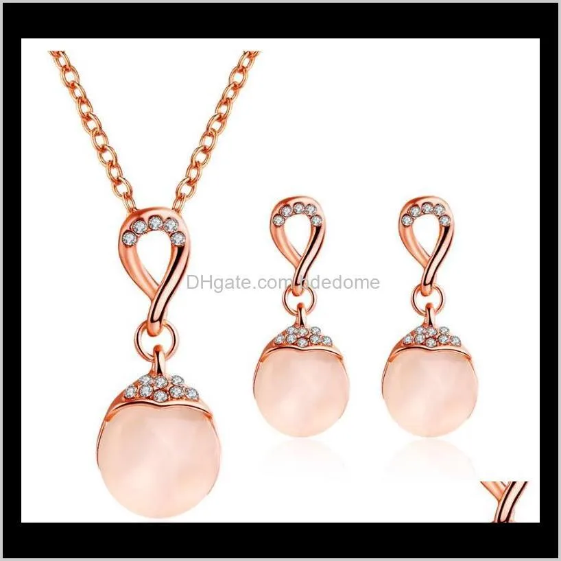 jewelry sets earring necklace wate-drop round pink stone pendant pasted knot earring gold color plated metal chain