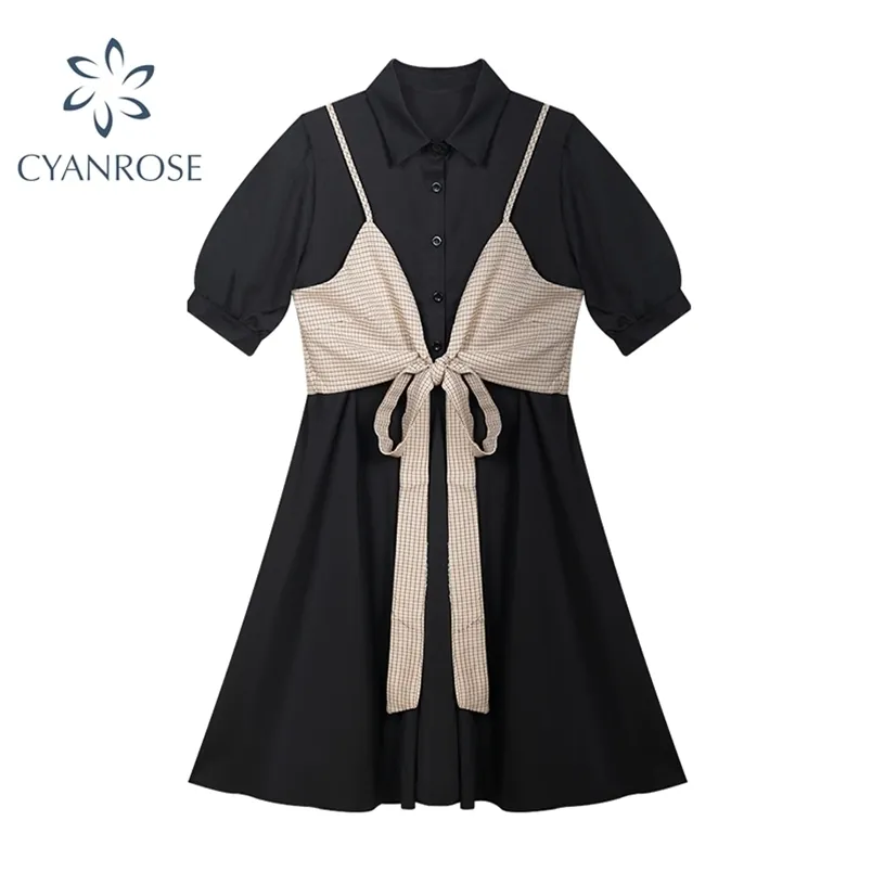 女性の格子縞の弓ランタン半袖エレガントなドレス夏のプレッピースタイル韓国のヴィンテージ偽の2枚の女性のシャツ210515