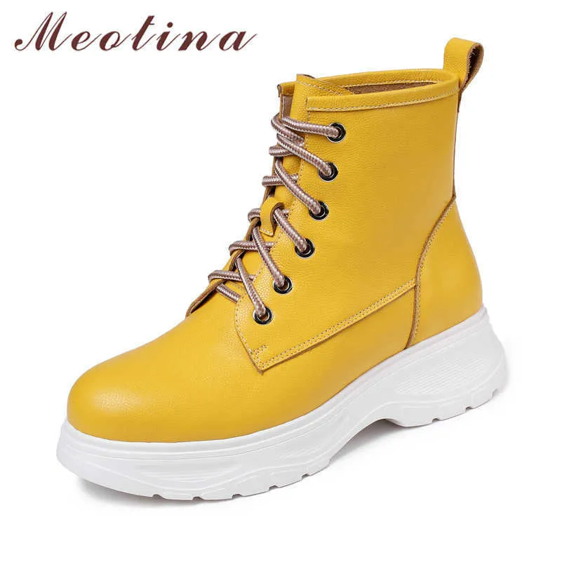 Meotina Winter Stiefeletten Frauen Natürliche Echtes Leder Flache Plattform Kurze Stiefel Schnüren Runde Kappe Schuhe Dame Herbst Größe 4-10 210608