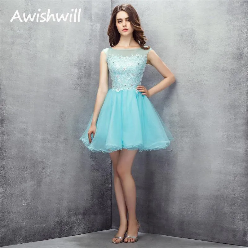 Party Dresses Fashion Sky Blue Lace Appliques Beaded Homecoming Mini Skirt Sheer Strap Backless Zipper