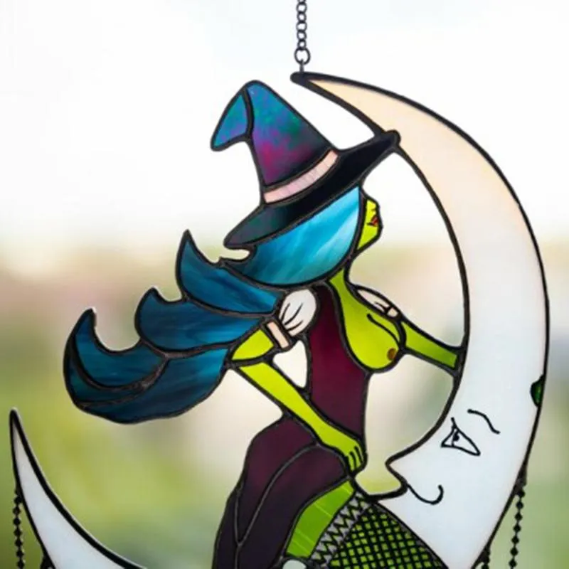Novelty Items Halloween Witch On Moon Decor Stained Suncatcher Window Hangings Outdoor Wall Art Home Decoration GHS99