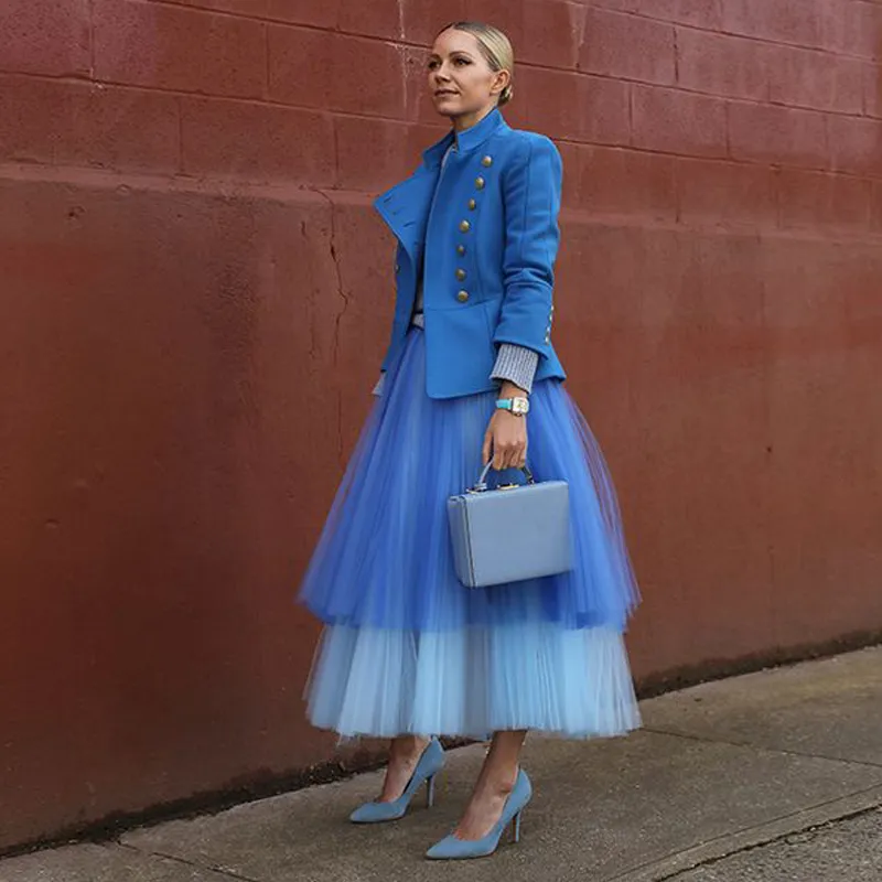 Twee kleuren hemel blauw 2 lagen bruids vrouwen petticoat tule rokken lange jupe femme enkel lengte tiered tule rokken vrouwen formele verjaardag vrouwelijke bruids ondergoed