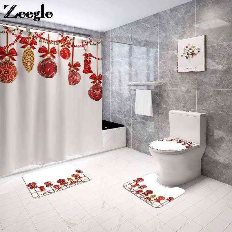 4pcs Christmas Shower Curtain Snowman Printed Mat Bathroom Mat Set Anti Slip Mat for Bathroom Waterproof Bathroom Carpet