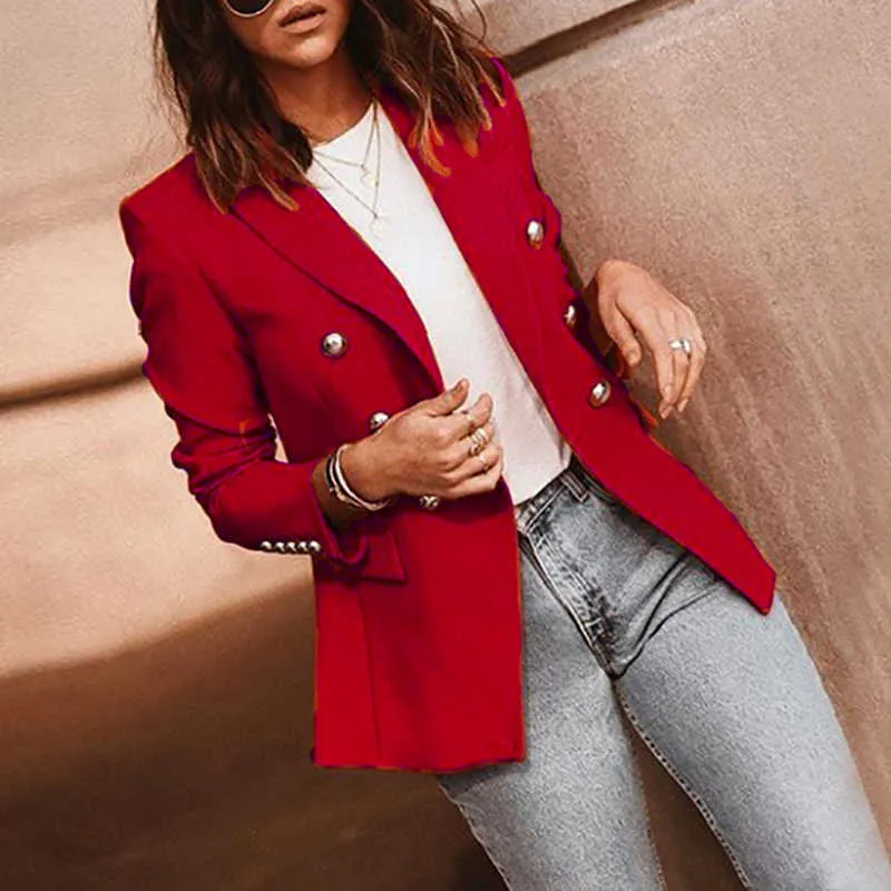 Automne cranté Double boutonnage femmes Blazer à manches longues femme veste 2021 nouveau bureau mode rouge élégant vêtements d'extérieur dames X0721