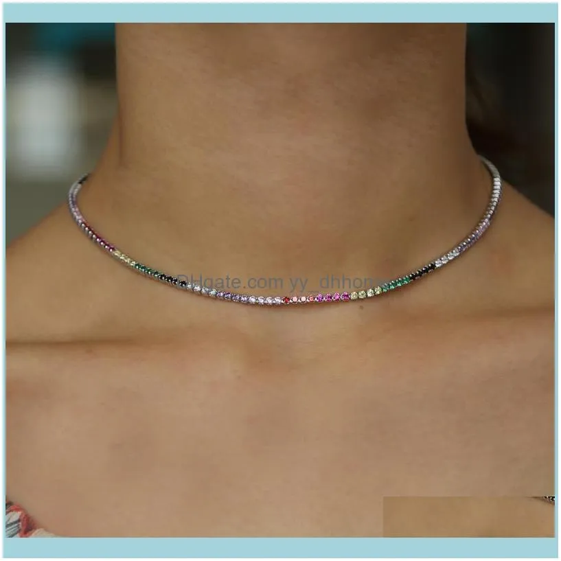 Simple Thin Thiny Tennis Chain Women Necklace With Rainbow Cz Charm Choker Link Collier Elegant Jewelry Gold Silver Color Chokers