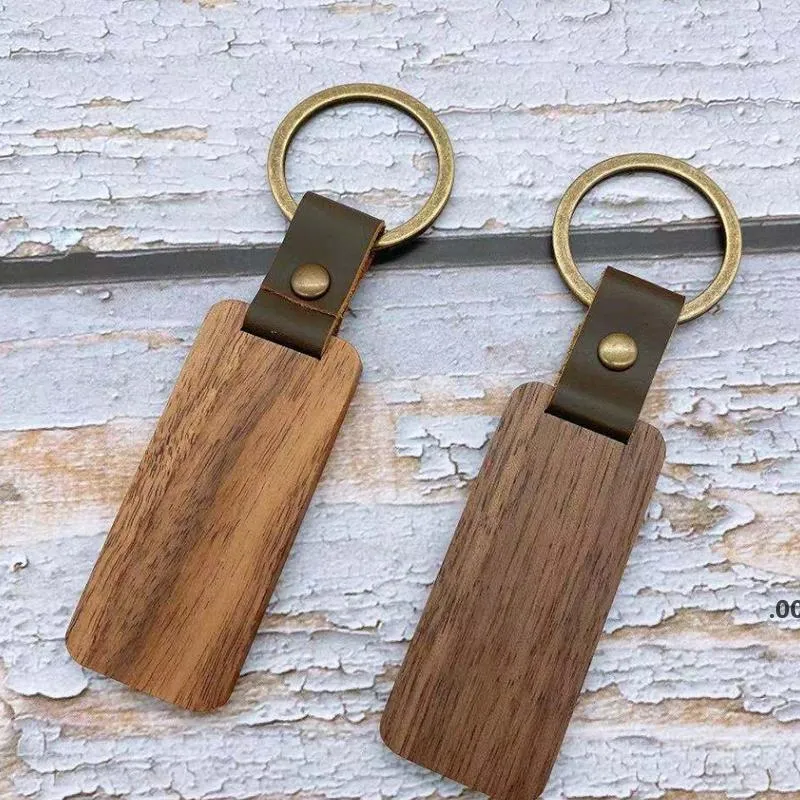 DIY Leather Keychain Party Favor Pendant Beech Wood Carving Keychains Luggage Decoration Key Ring CCB8293