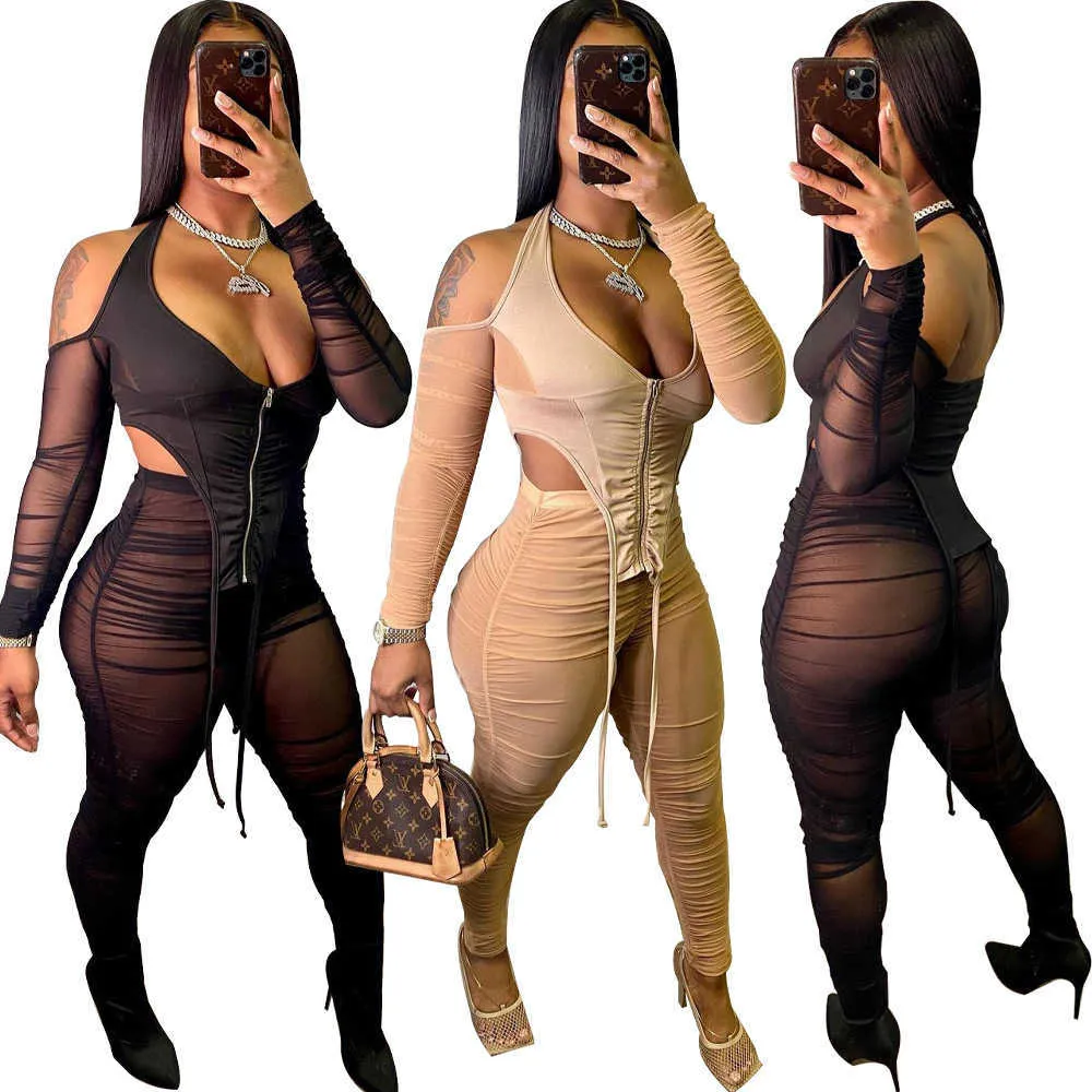 Echoine Women Sheer Mesh See Through Two Piece Set Off Shoulder Backless Crop Top Ruched Stacked Legging Tracksuit Outfits Y0625