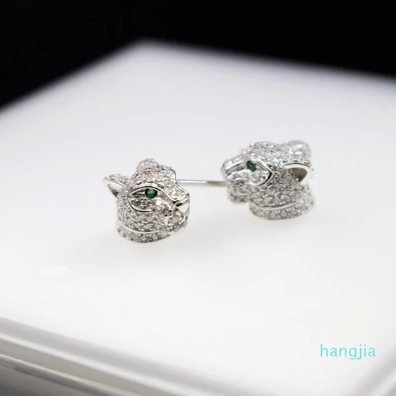 Tête de léopard yeux verts boucle d'oreille en argent Sterling 925 perles de Zircon complètes panthère femmes Animal bijoux de mariée