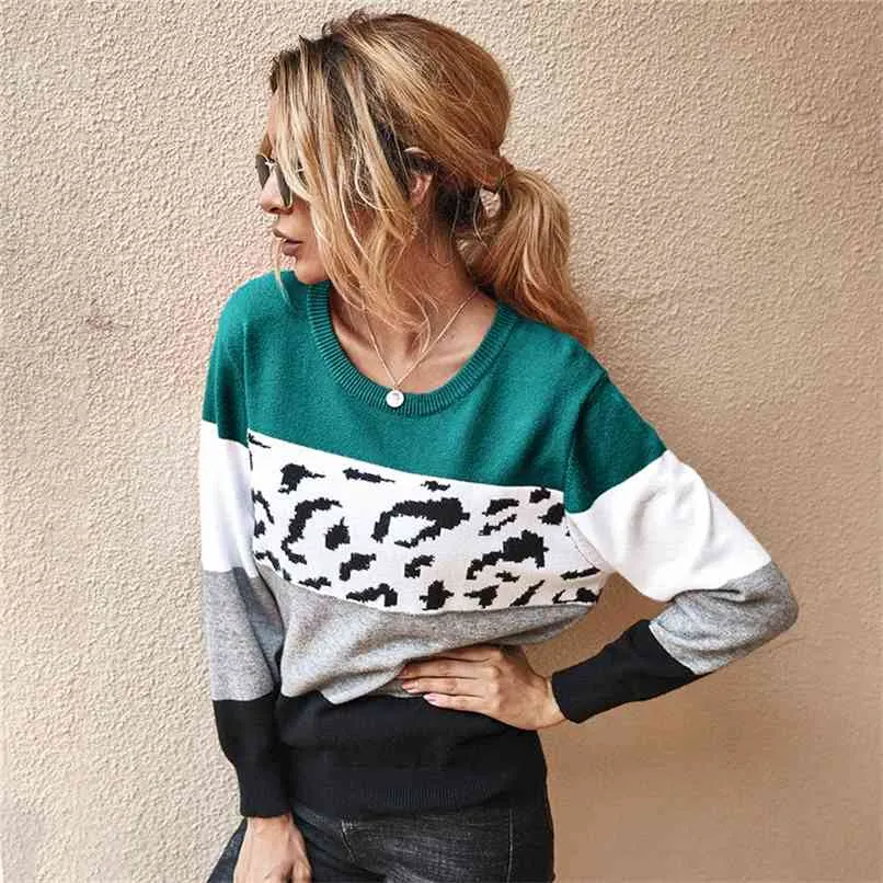 Maglioni da donna autunno inverno O-Collo Maglioni lavorati a maglia larghi Maniche lunghe Maglione con giuntura leopardata Pullover da donna oversize Top 210918